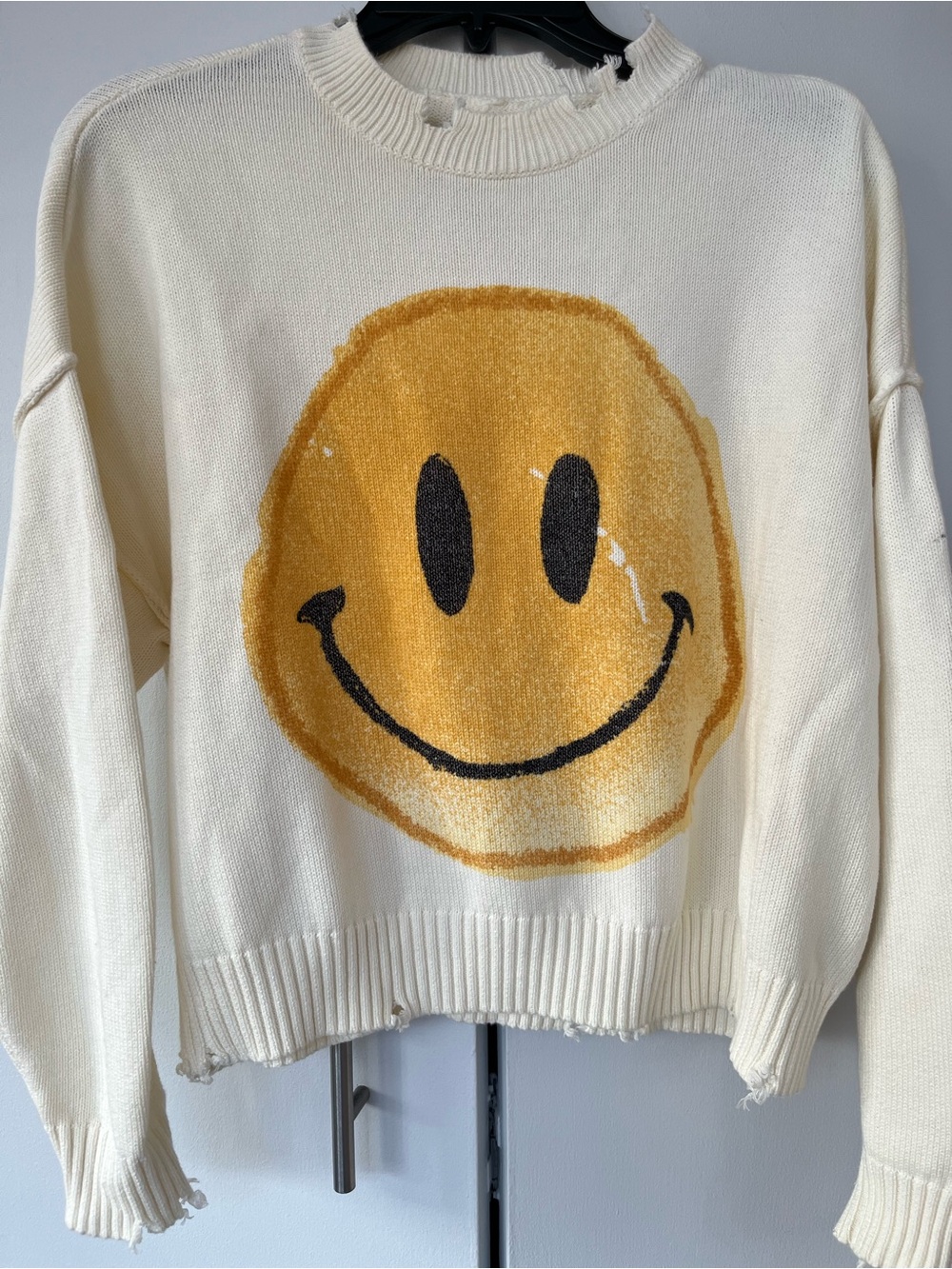 pistola Cream Knit Sweater with Yellow Smiley Cozy cotton distressed Size S